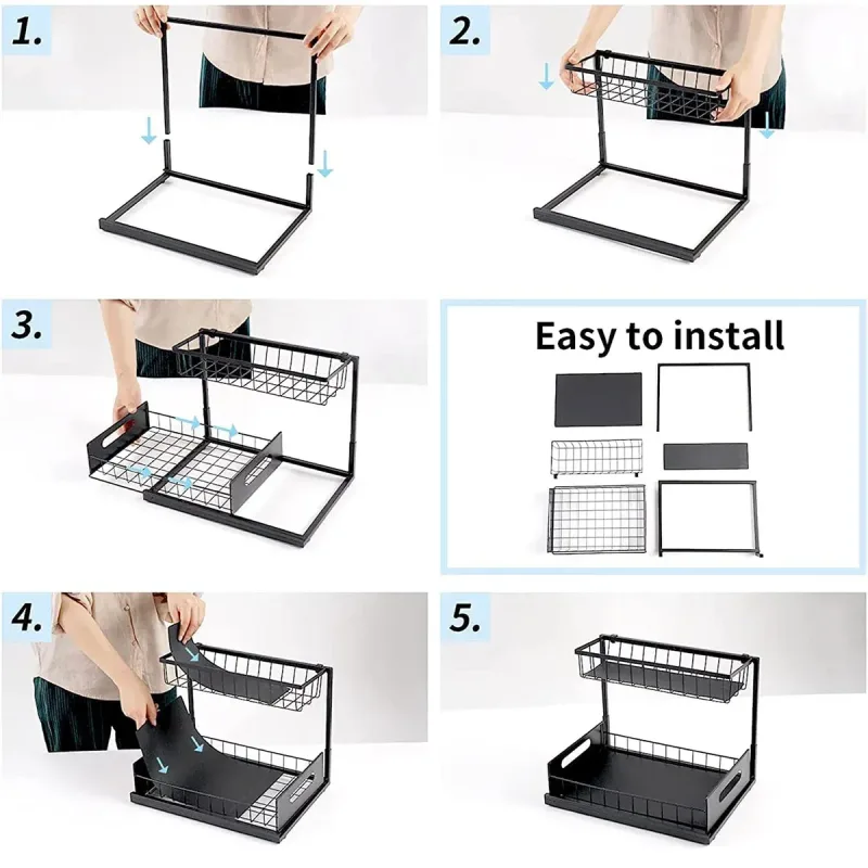 Under Sink Storage Rack Kitchen Cabinet Organizer Adjustable Shelving Unit Home – Black