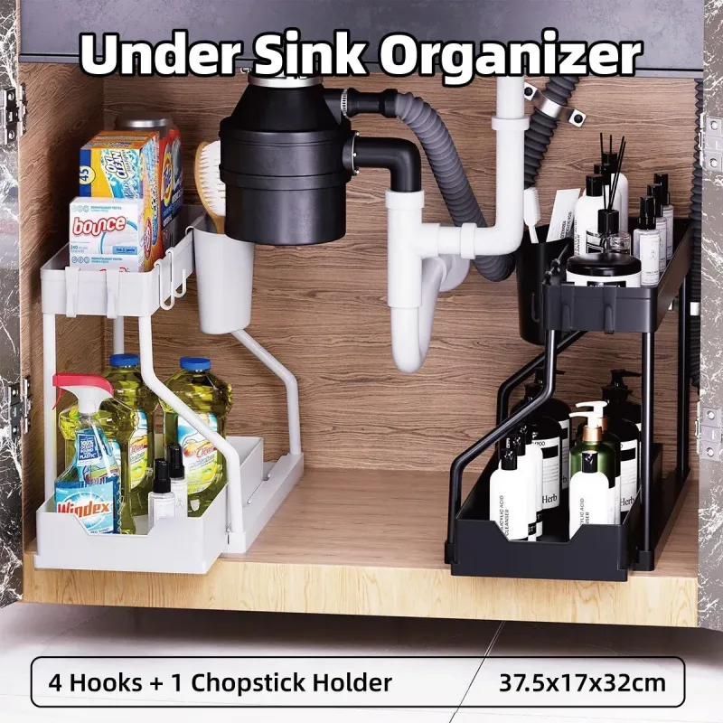 Under Sink Storage Rack Double Layer Organizer Shelf Kitchen Bathroom Cabinet – Black
