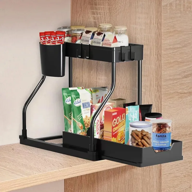 Under Sink Storage Rack Double Layer Organizer Shelf Kitchen Bathroom Cabinet – Black