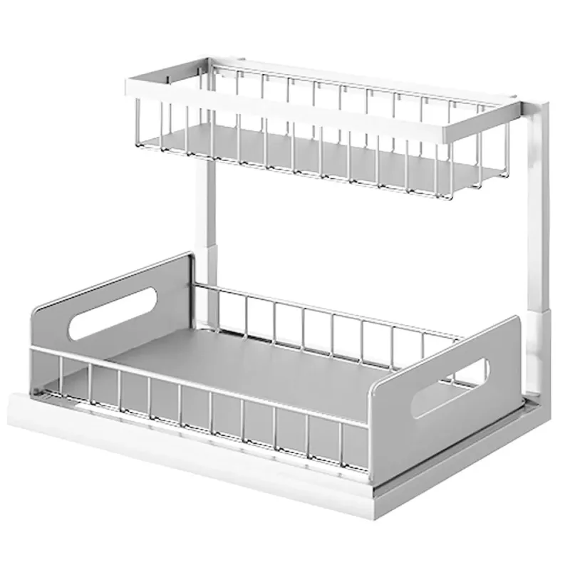 Under Sink Storage Rack Kitchen Cabinet Organizer Adjustable Shelving Unit Home - White Under Sink Storage Rack Kitchen Cabinet Organizer Adjustable Shelving Unit Home - White