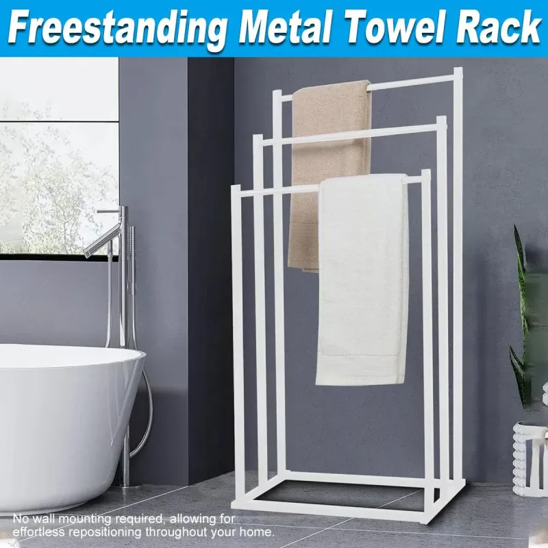 3 Tier Metal Towel Rack Freestanding 3 Bars Drying Shelf Holder Stand Organizer