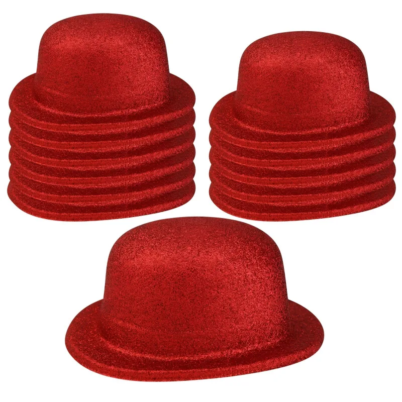 12x GLITTER BOWLER HAT Fancy Party Plastic Costume Cap Fun Dress Up Sparkle BULK – Red