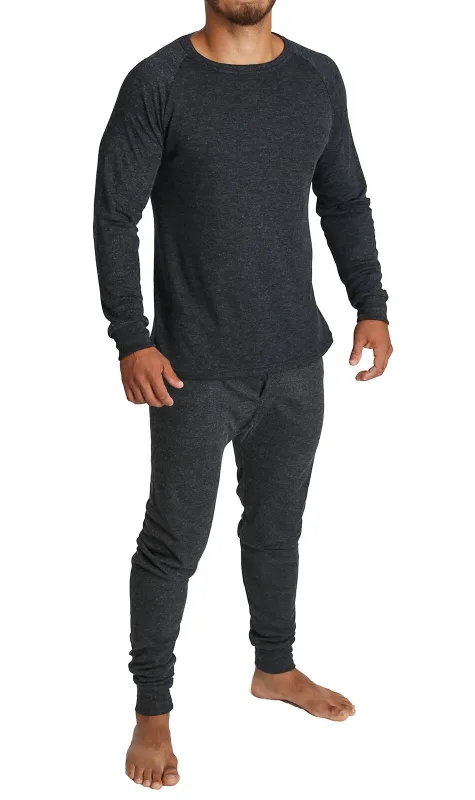 2pcs Set Mens Merino Wool Blend Long Sleeve Thermal Top & Long Johns Pants Underwear – Black – M
