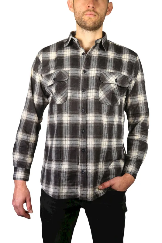 Mens Flannelette Long Sleeve Shirt 100% Cotton Check Authentic Flannel – Full Placket – Black – 4XL