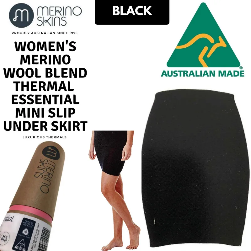 MERINO SKINS Thermal Womens Skirt Wool Winter Base Layer Thermals – Black
