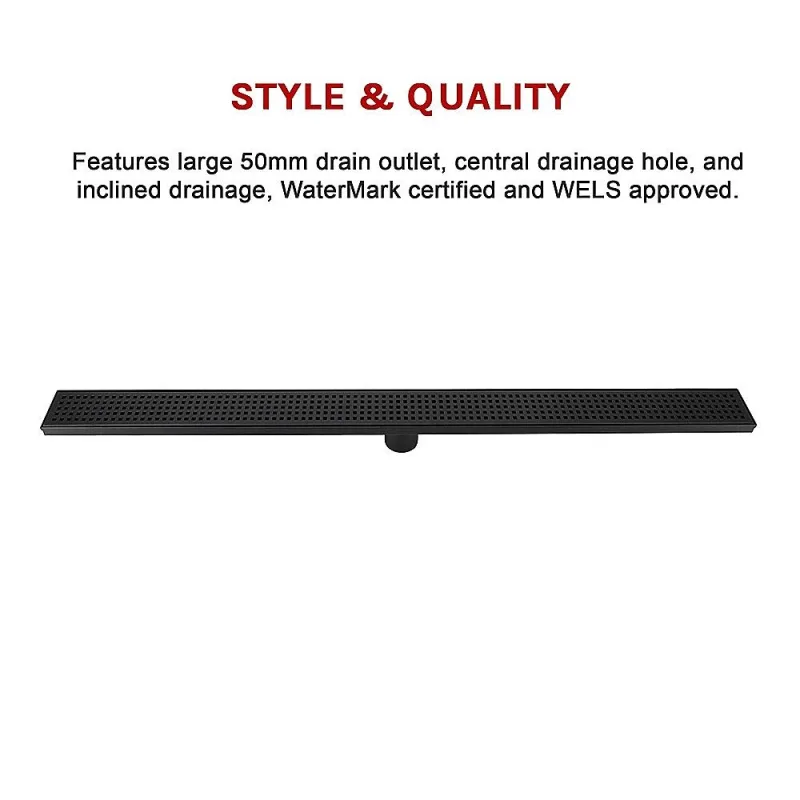 1000mm Bathroom Shower Grate Drain w/Centre outlet Floor Waste Square Pattern – Black