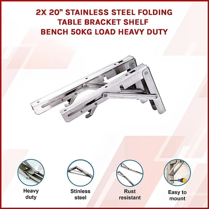 2x 20″ Stainless Steel Folding Table Bracket Shelf Bench 50kg Load Heavy Duty