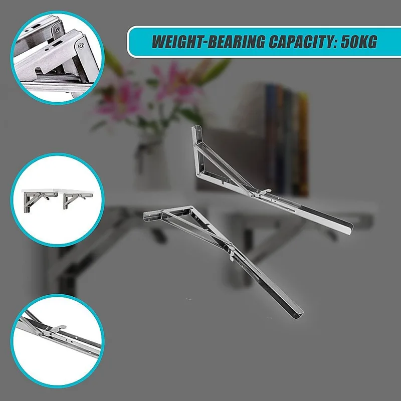 2x 20″ Stainless Steel Folding Table Bracket Shelf Bench 50kg Load Heavy Duty