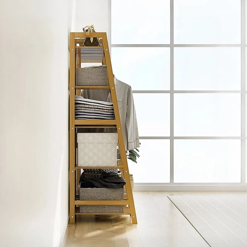 Portable Clothes Rack Coat Garment Stand Bamboo Rail Hanger Airer Closet