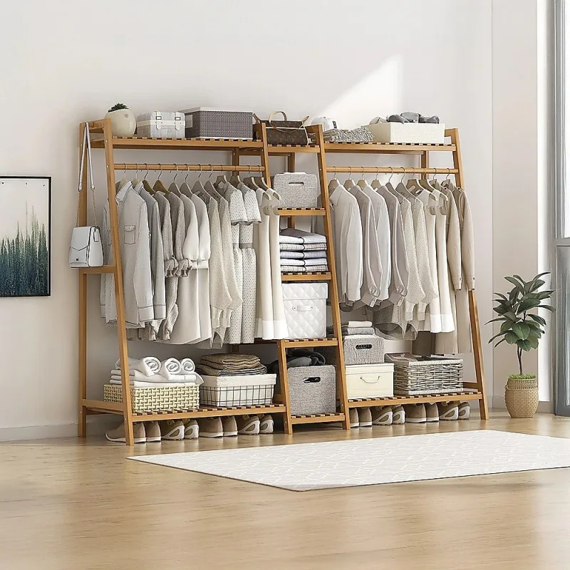 Portable Clothes Rack Coat Garment Stand Bamboo Rail Hanger Airer Closet