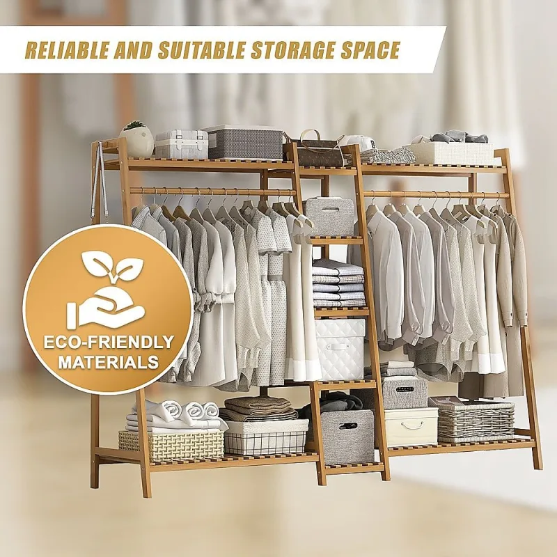 Portable Clothes Rack Coat Garment Stand Bamboo Rail Hanger Airer Closet