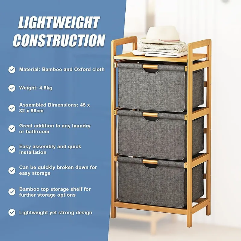 Bamboo Shelf with Storage Hamper – Wooden Organiser with 3 Laundry Bags