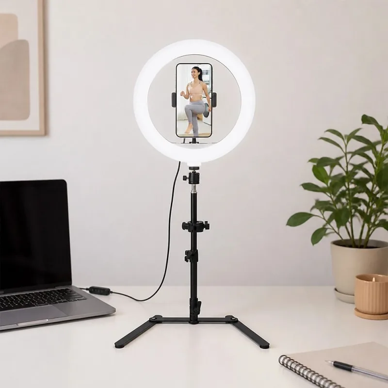 12 Inch LED Video Ring Light with Tabletop Light Stand and Phone Holder Black