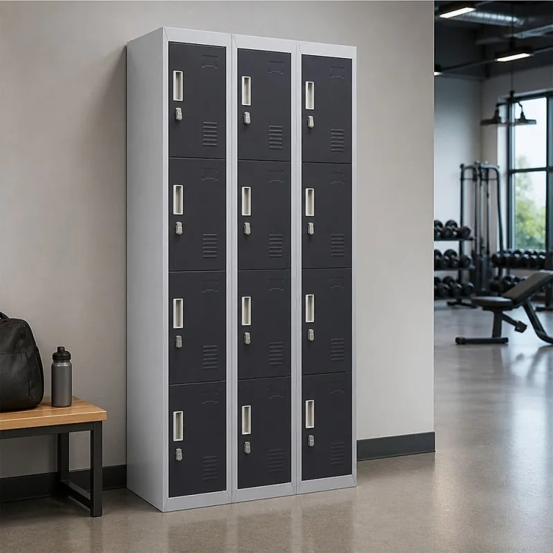12-Door Steel Locker – Grey with Charcoal Door, Padlock-operated