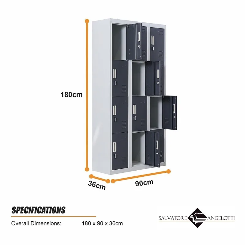 12-Door Steel Locker – Grey with Charcoal Door, Padlock-operated