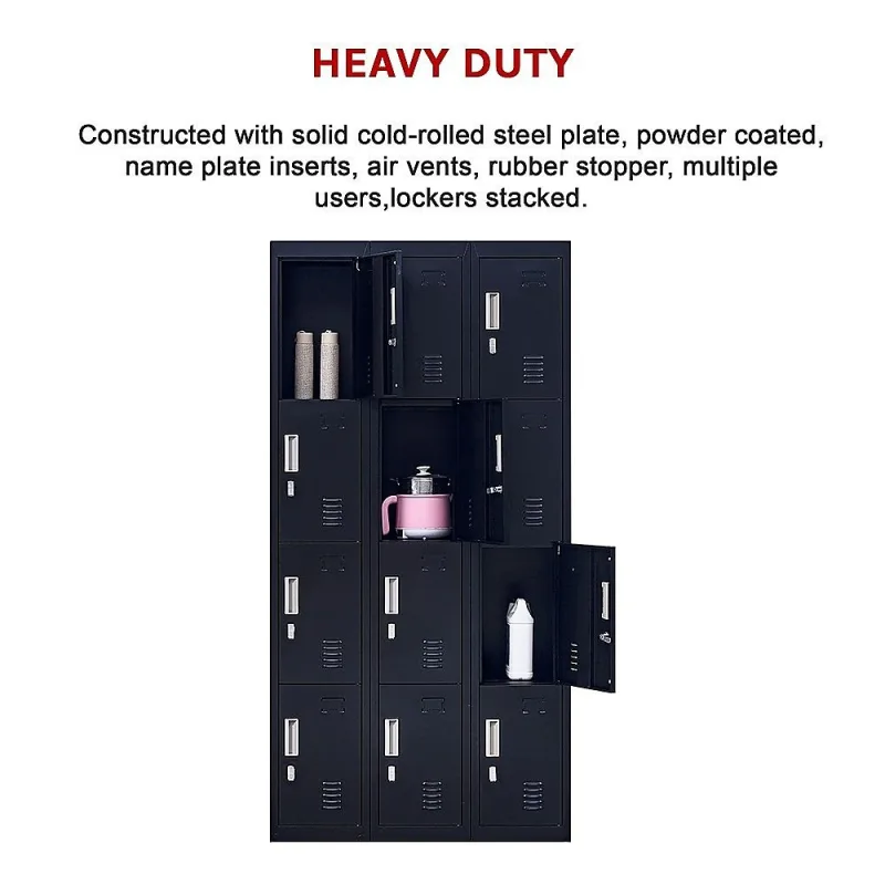 12-Door Steel Locker – Black, Padlock-operated