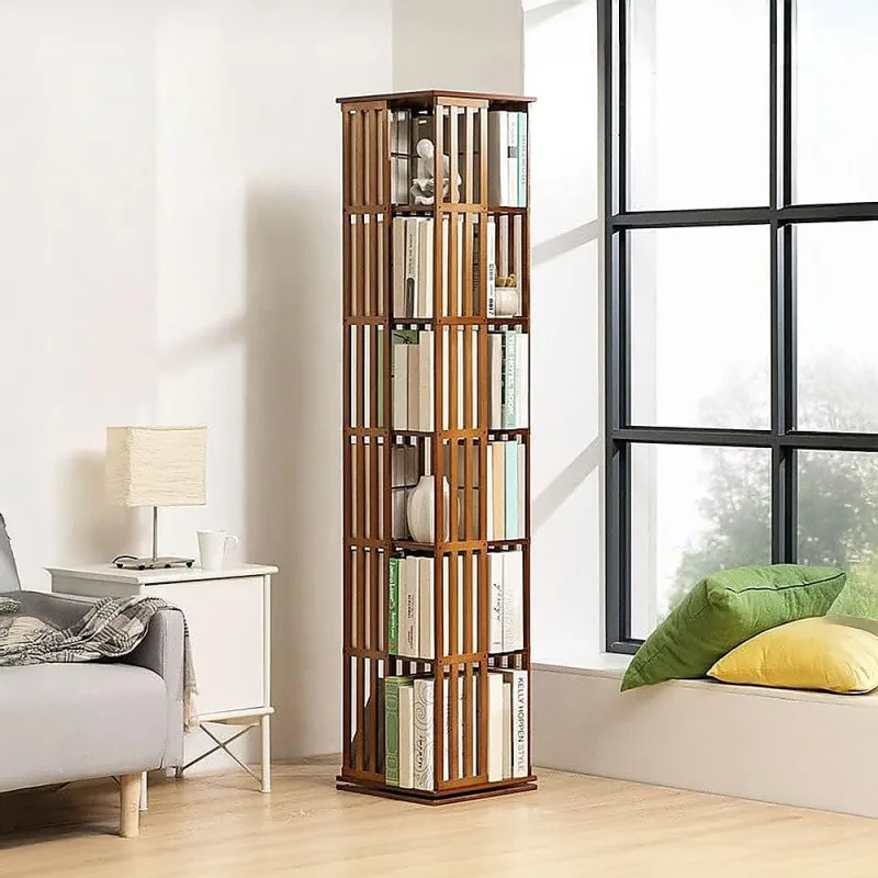 360 Rotating Bookshelf Bamboo Storage Display Rack Shelving – Dark Wood