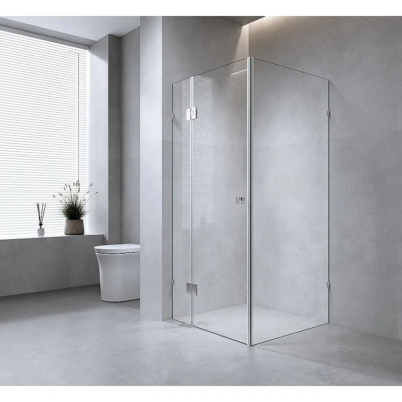 110x70cm Corner Frameless Shower Screen with U-Brackets and Floor U-Bracket and SS Hinges, Square Double Pull Handle – Chrome
