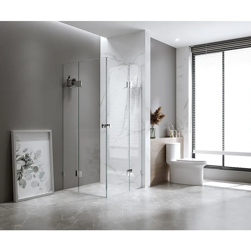 110x120cm Double Door Corner Shower Screen F-Brackets, SS Hinges & Square Knob Handle – Nickel