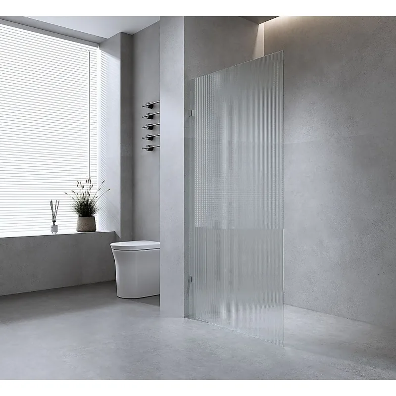110cm Reeded Glass Shower Screen with F-Brackets and Round Pole – Black