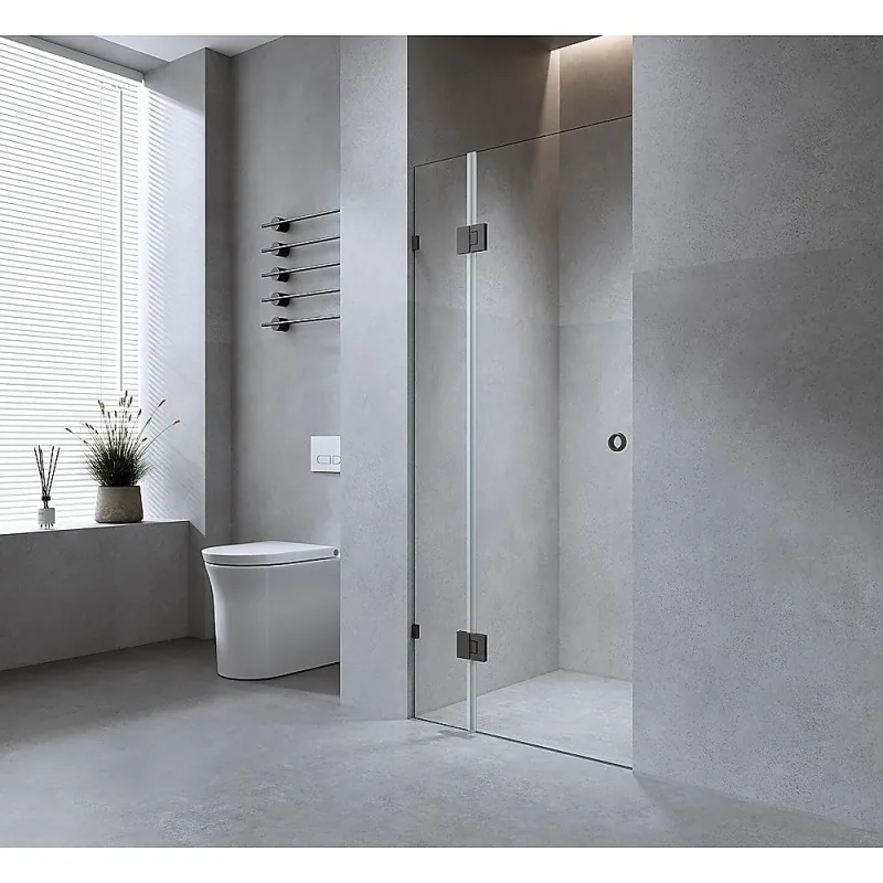 100cm Frameless Wall-to-Wall Shower Screen with Brackets & Brass Hinges – F-Brackets and Floor F-Bracket – Nickel