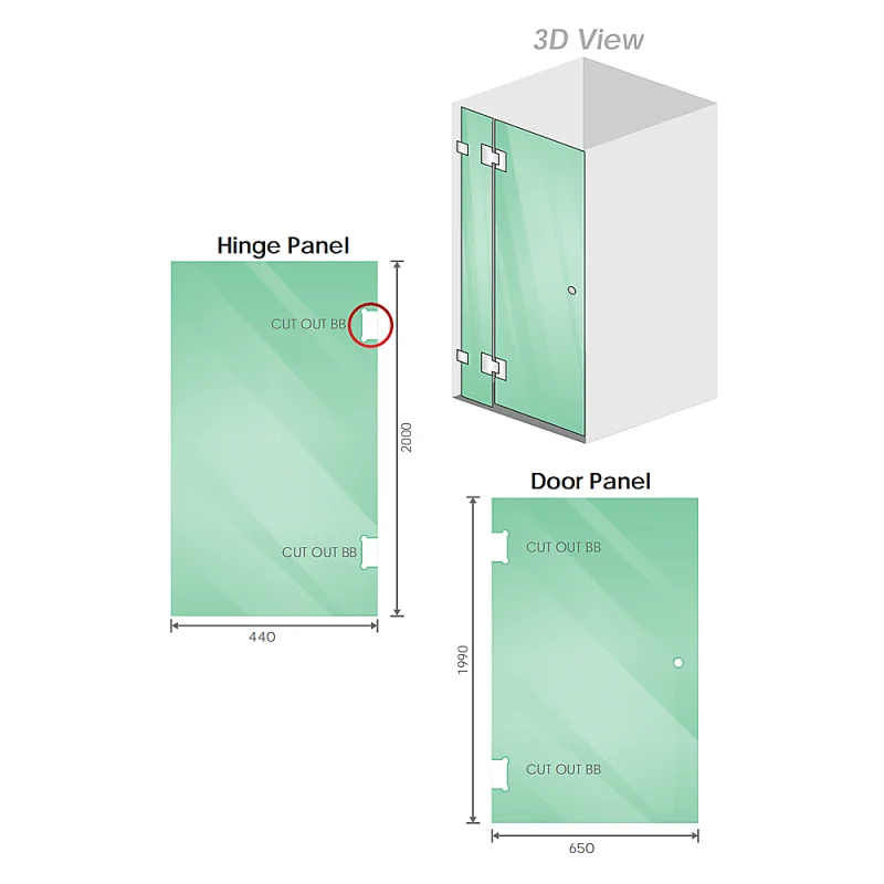 110x110cm Corner Frameless Shower Screen with Brackets and Brass Hinges – U-Brackets and Floor U-Bracket – Nickel