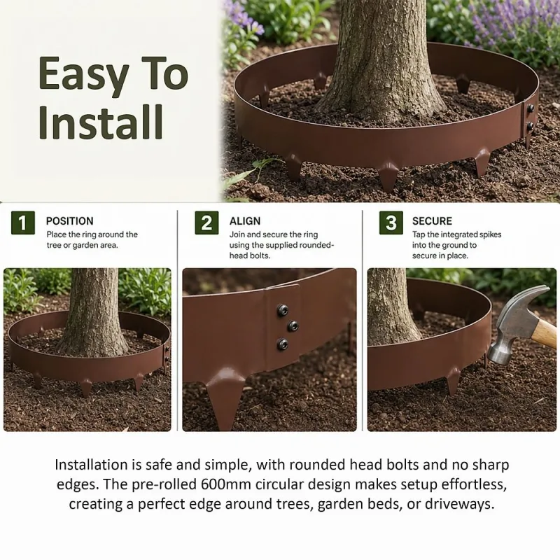 60cm Steel Garden Tree Ring with Spikes – Heavy-Duty Root Barrier & Edging