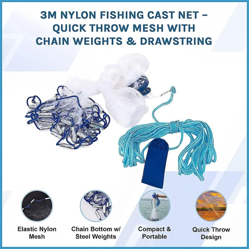 3m Nylon Fishing Cast Net – Quick Throw Mesh with Chain Weights & Drawstring