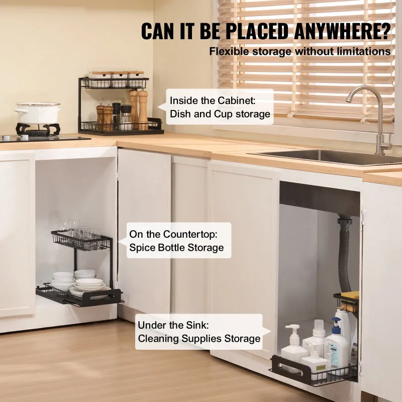 2-Tier Pull Out Cabinet Organizer, 10.7″W x 14.2″D, Under Sink Slide Out Drawer Storage, Wire Basket Sliding Shelf, Space-Saving Kitchen Cabinet Organizer