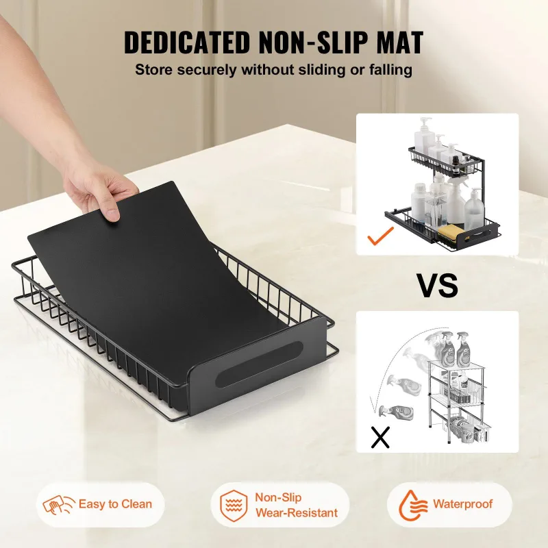 2-Tier Pull Out Cabinet Organizer, 10.7″W x 14.2″D, Under Sink Slide Out Drawer Storage, Wire Basket Sliding Shelf, Space-Saving Kitchen Cabinet Organizer