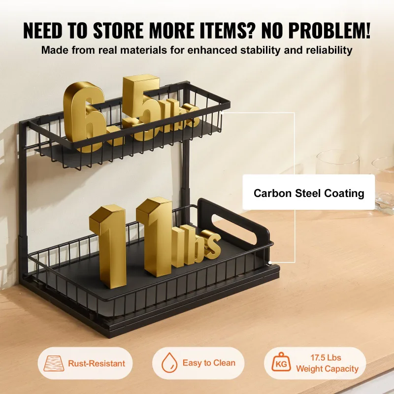 2-Tier Pull Out Cabinet Organizer, 10.7″W x 14.2″D, Under Sink Slide Out Drawer Storage, Wire Basket Sliding Shelf, Space-Saving Kitchen Cabinet Organizer
