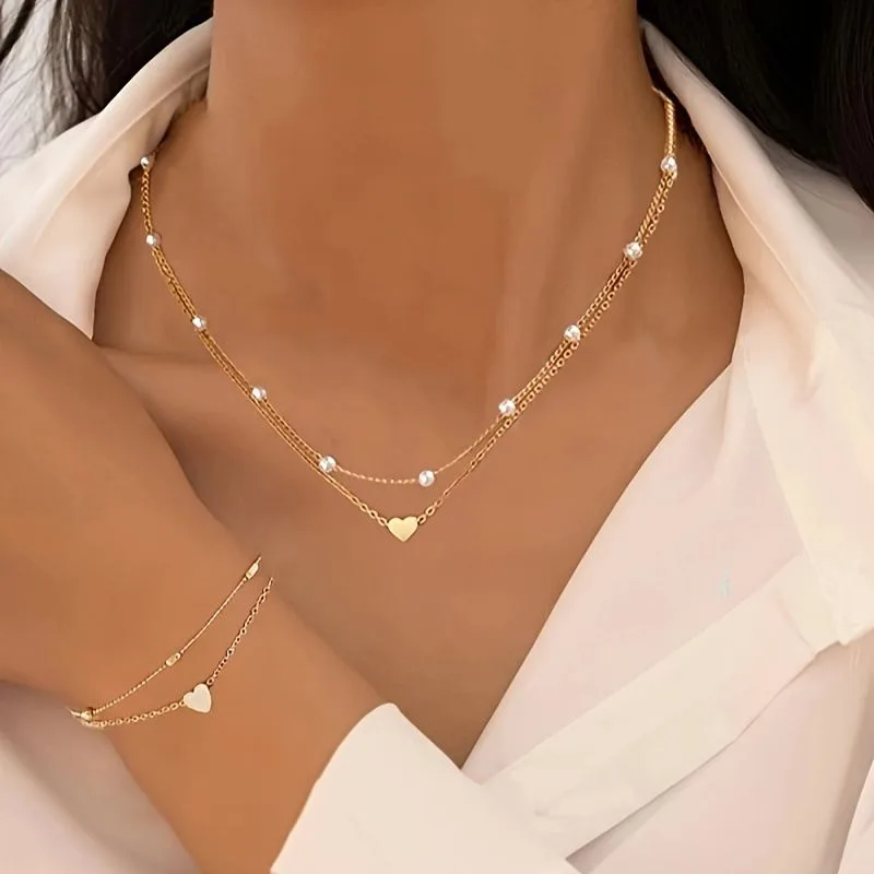 Double-Layer Heart Charm Necklace and Bracelet Set – Women’s Layered Jewelry Set – Silver