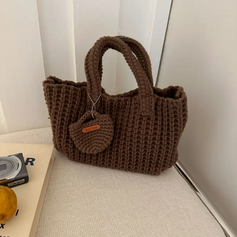 Handcrafted Crochet Tote Bag – Vintage-Style Woven Cotton-Yarn Look Bag – Brown