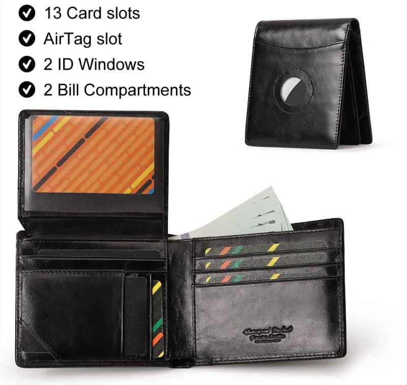 Handcrafted Genuine First-Layer Cowhide Wallet & Card Case for Men – Multi-Slot Ultra-Slim Bifold, Integrated AirTag Holder & RFID Blocking – Coffee