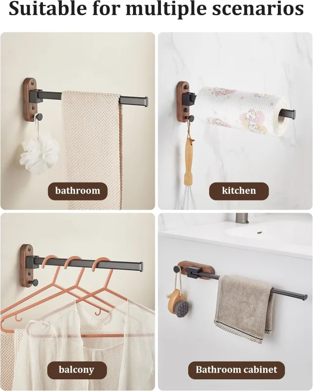 43CM Moisture Aluminum Folding Towel Rack Integrated Bottom Hook – 90° Folding White Beechwood Grain Wall-Mounted Drying Rod and Organize