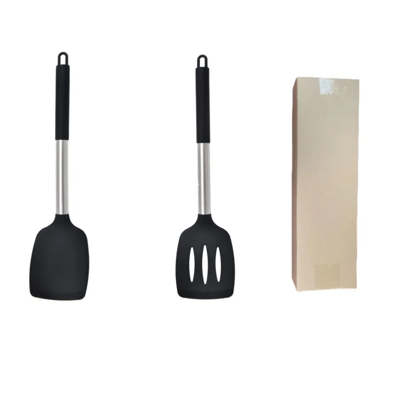 2-Piece Silicone Spatula Set Slotted Turner Solid Turner Stainless Steel Handle Heat Resistant Non-Stick Cookware Kitchen Utensils – Black