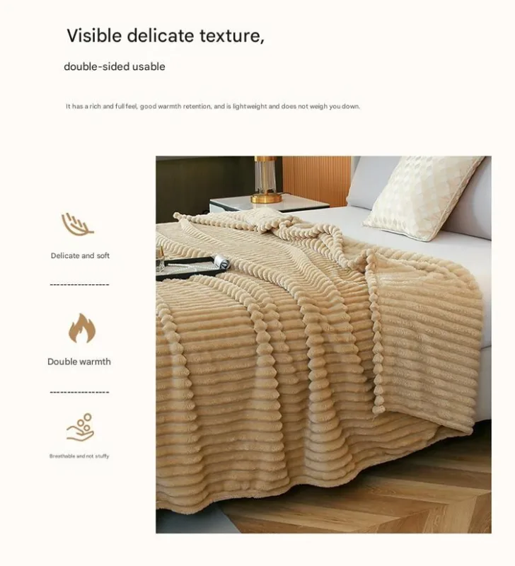150*200cm Beige Solid Colour Flannel Throw Blanket – Thick Double-Sided Fleece with Ribbed Texture – Soft throw blanket& Lightweight for Sofa, Bed, Office Nap, Air-Conditioned Rooms – Durable, Machine Washable, Non-Shedding