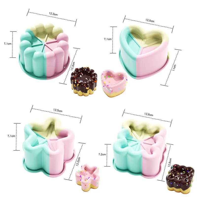 4 Piece Silicone Baking Mould Set – Heart Star Square Round Shapes Food Grade Cake Mousse Pudding Dessert Molds – Colorful