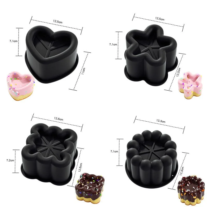 4 Piece Silicone Baking Mould Set - Heart Star Square Round Shapes Food Grade Cake Mousse Pudding Dessert Molds