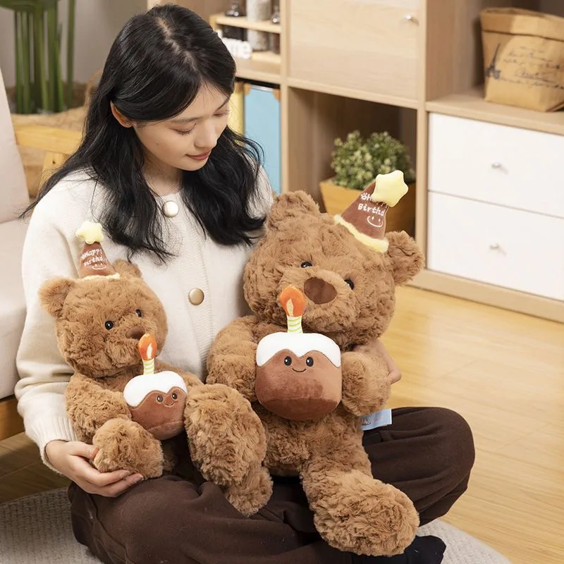 30cm Birthday Cake Teddy Bear Plush Toy – Soft Hugging Pillow with Party Hat(Birthday Hat Bear)