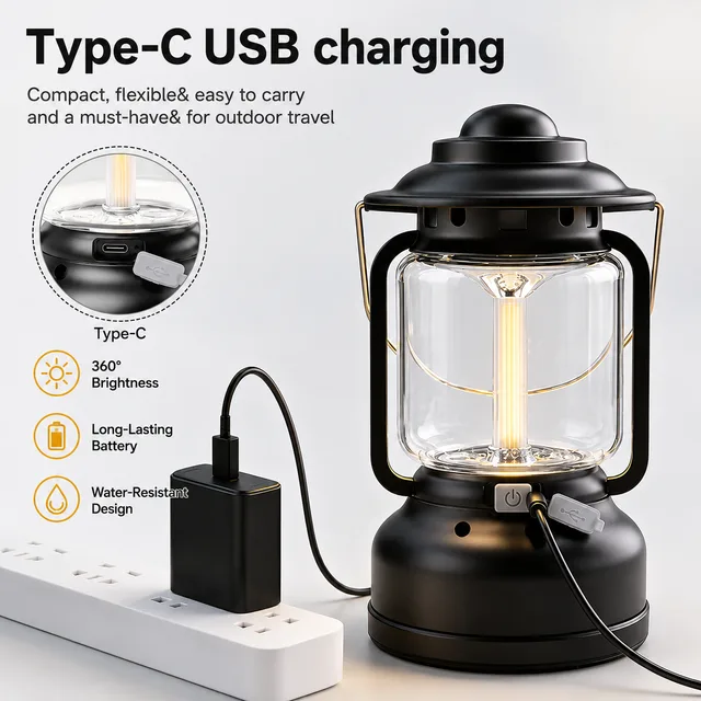Vintage LED Outdoor Camping Lantern with Warm Ambient Light – 7 Lighting Modes, 24H Long Runtime, USB-C Rechargeable, Stepless Dimming and Hanging Tent Light – Red