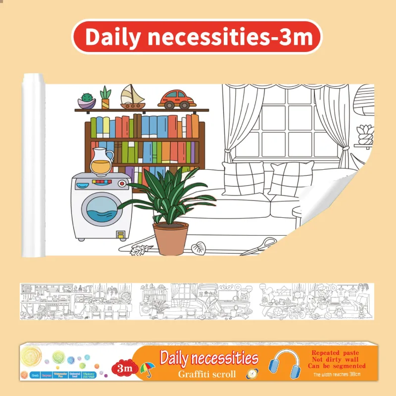 3M Extra Long Reusable Coloring Paper Roll, Daily Life Theme Self-Adhesive Wall Coloring Poster and DIY Cuttable Drawing Craft Paper Scroll with Gift Box