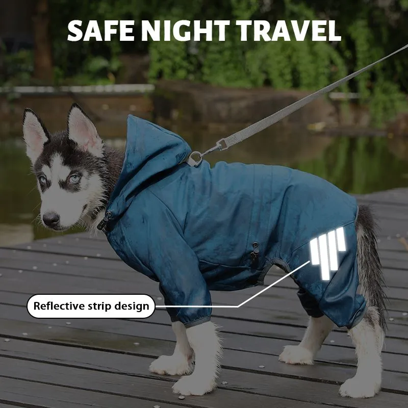 Purple Waterproof Full Body Dog Raincoat with Adjustable Hood & Waist, Easy Snap Closure and Hidden Leash Opening – Lightweight Four-Leg Reflective Pet Rain Suit for Small Medium Large Dogs, XXL Size