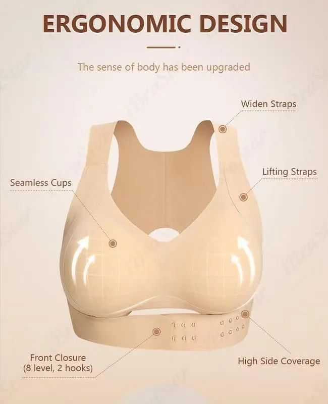 XL Size Black Wireless Posture Support Sports Full Coverage Bra for Women – High Elastic Seamless Fitness Underwear with Adjustable Front Closure, Wide Straps and Back Compression Design, Comfortable & Breathable Everyday