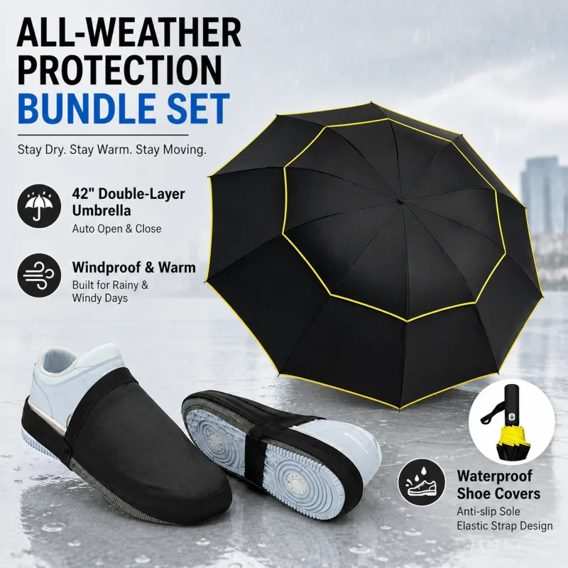 Black Compact 3-Fold Automatic Golf Umbrella (Dia 42 Inch) + Waterproof Thermal Half Shoe Covers (S Size) with Anti Slip Elastic Strap– Windproof & Stainproof Full Body Rain Protection Kit for Golf, Cycling and Outdoor Activities Black Compact 3-Fold Automatic Golf Umbrella (Dia 42 Inch) + Waterproof Thermal Half Shoe Covers (S Size) with Anti Slip Elastic Strap– Windproof & Stainproof Full Body Rain Protection Kit for Golf, Cycling and Outdoor Activities