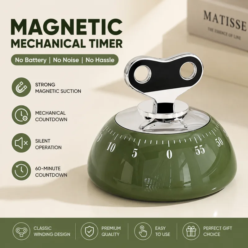 60-Minute Magnetic Mechanical Kitchen Timer Countdown Clock for Cooking, Study, Productivity and Time Management – Green