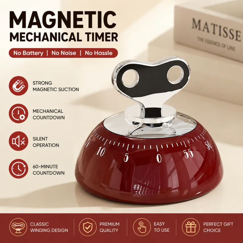 60-Minute Magnetic Mechanical Kitchen Timer Countdown Clock for Cooking, Study, Productivity and Time Management – Red