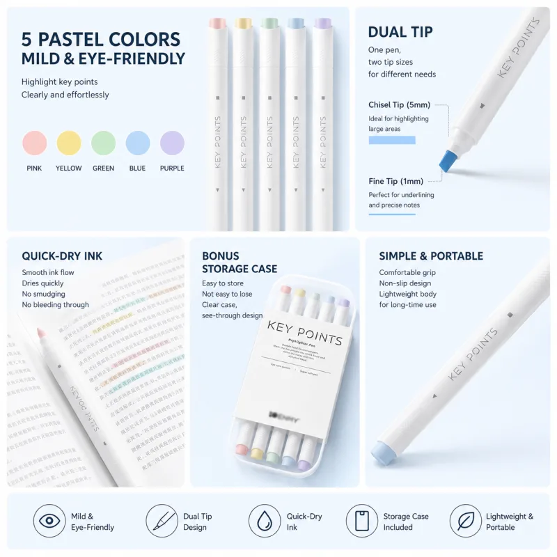 Macaron Pastel Dual-Tip Highlighter & Magnetic Mechanical Timer Set – Visual Time Management for Study, Cooking & Productivity – Blue