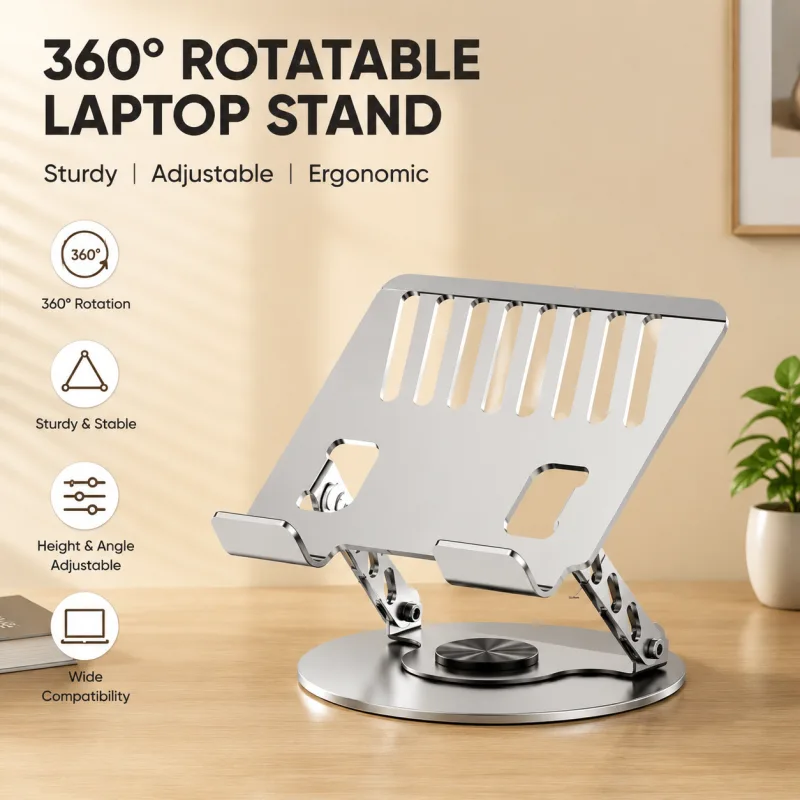 360 Degree Rotatable Laptop Stand Adjustable Aluminium Ergonomic Notebook Holder Small Size 20x20cm Height Angle Adjustable Desktop Cooling Riser for Office Home Study Workspace 360 Degree Rotatable Laptop Stand Adjustable Aluminium Ergonomic Notebook Holder Small Size 20x20cm Height Angle Adjustable Desktop Cooling Riser for Office Home Study Workspace