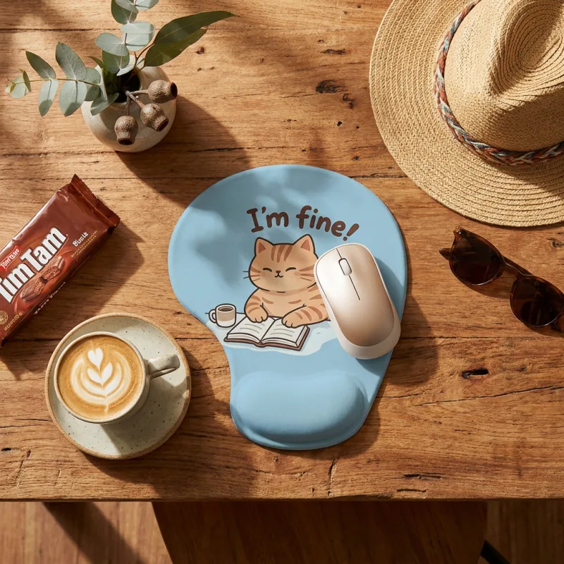 Ergonomic Gel Wrist Support Mouse Pad Cat reading pattern (I’m fine!)  Soft Silicone Wrist Rest Desk Accessory for Office Home Gaming Comfortable Non Slip Ergonomic Computer Use